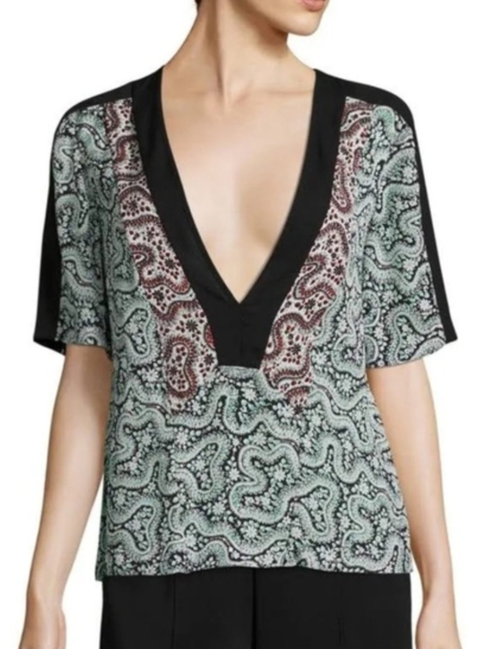 A.L.C. Paisley V-Neck Short Sleeve Top in Mint and Black